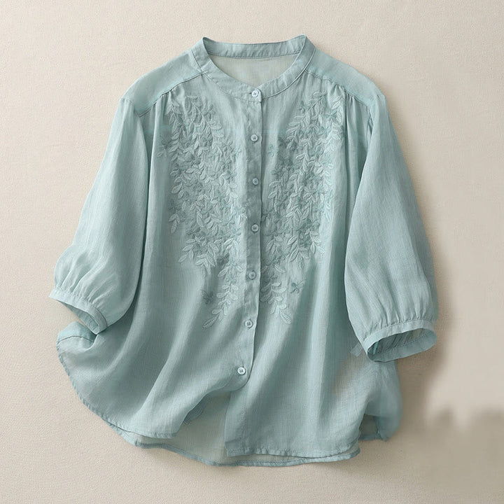 Chemise simple boutonnage en coton et lin pour femme, broderie de fleurs et de Buddha Stones - Bleu poudré - US14，UK/AU18，EU46 (2XL) - image 19