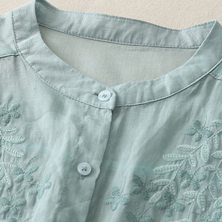 Chemise simple boutonnage en coton et lin pour femme, broderie de fleurs et de Buddha Stones - image 22