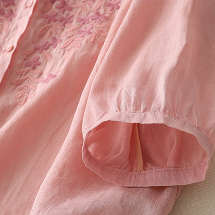 Chemise simple boutonnage en coton et lin pour femme, broderie de fleurs et de Buddha Stones - image 29