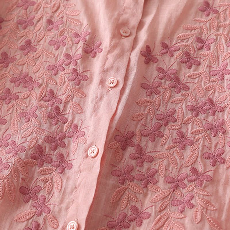 Chemise simple boutonnage en coton et lin pour femme, broderie de fleurs et de Buddha Stones - image 39