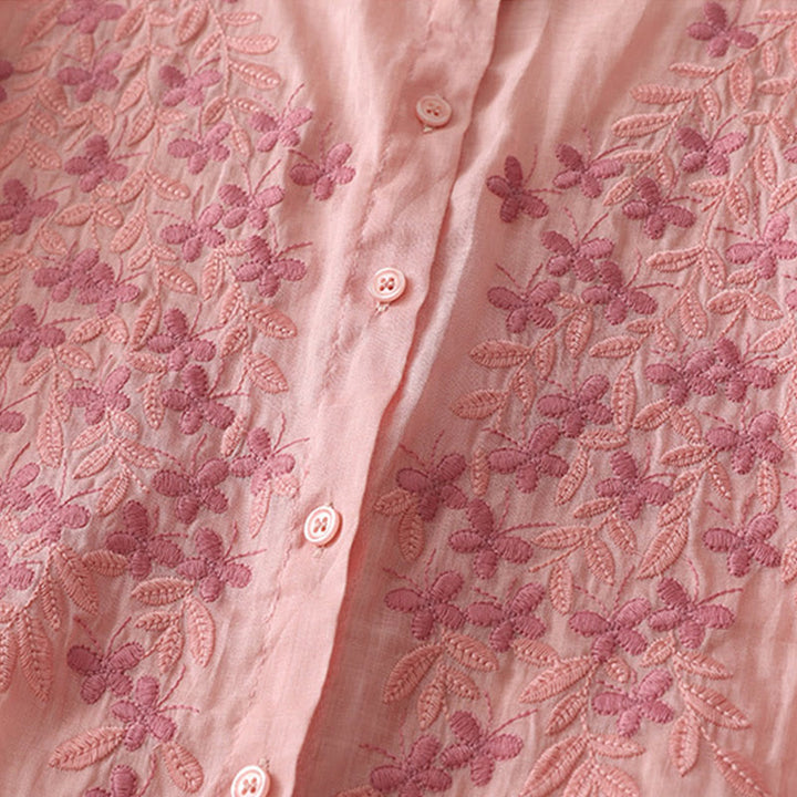 Chemise simple boutonnage en coton et lin pour femme, broderie de fleurs et de Buddha Stones - image 39