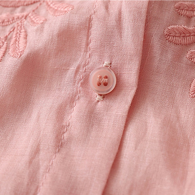 Chemise simple boutonnage en coton et lin pour femme, broderie de fleurs et de Buddha Stones - image 38