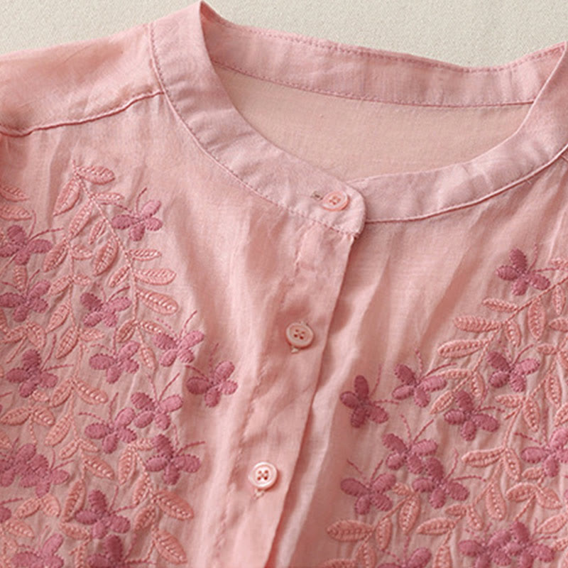 Chemise simple boutonnage en coton et lin pour femme, broderie de fleurs et de Buddha Stones - image 33