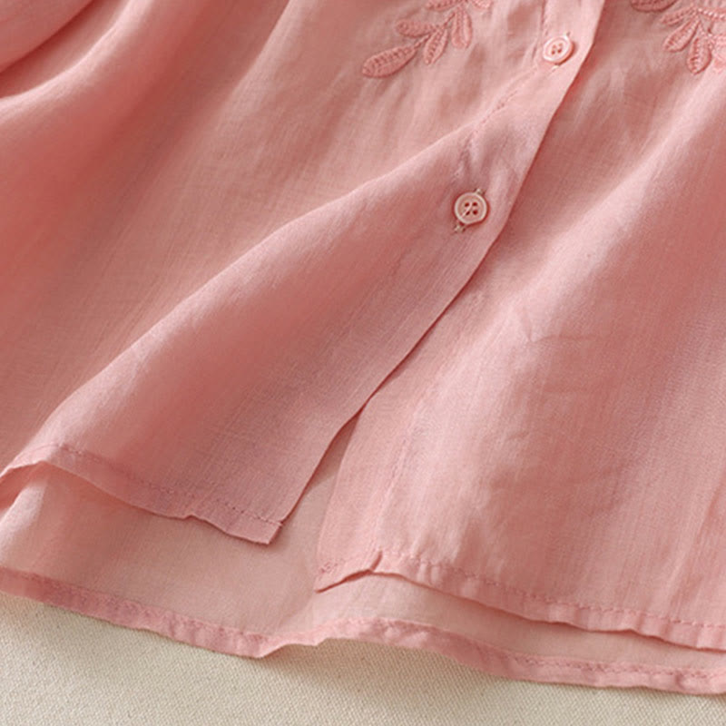 Chemise simple boutonnage en coton et lin pour femme, broderie de fleurs et de Buddha Stones - image 32