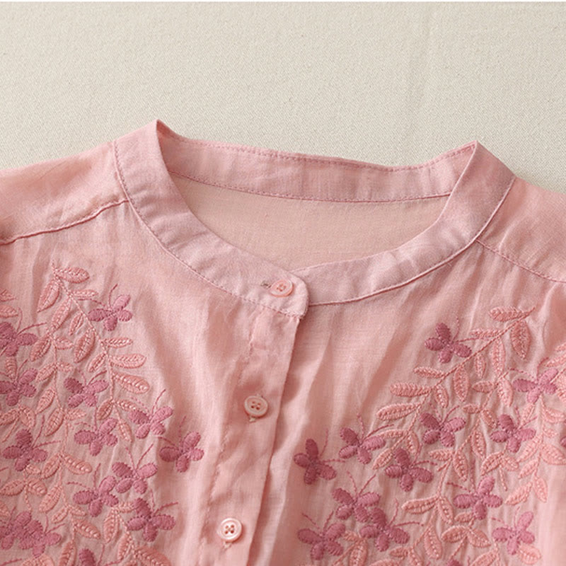 Chemise simple boutonnage en coton et lin pour femme, broderie de fleurs et de Buddha Stones - image 37