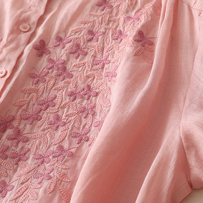 Chemise simple boutonnage en coton et lin pour femme, broderie de fleurs et de Buddha Stones - image 35