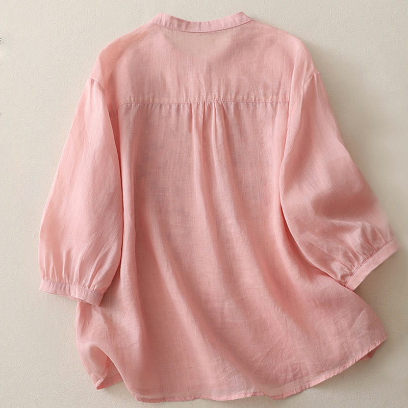 Chemise simple boutonnage en coton et lin pour femme, broderie de fleurs et de Buddha Stones - image 28