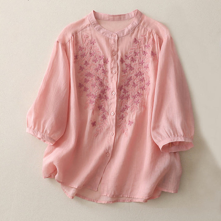 Chemise simple boutonnage en coton et lin pour femme, broderie de fleurs et de Buddha Stones - Rose - US14，UK/AU18，EU46 (2XL) - image 26