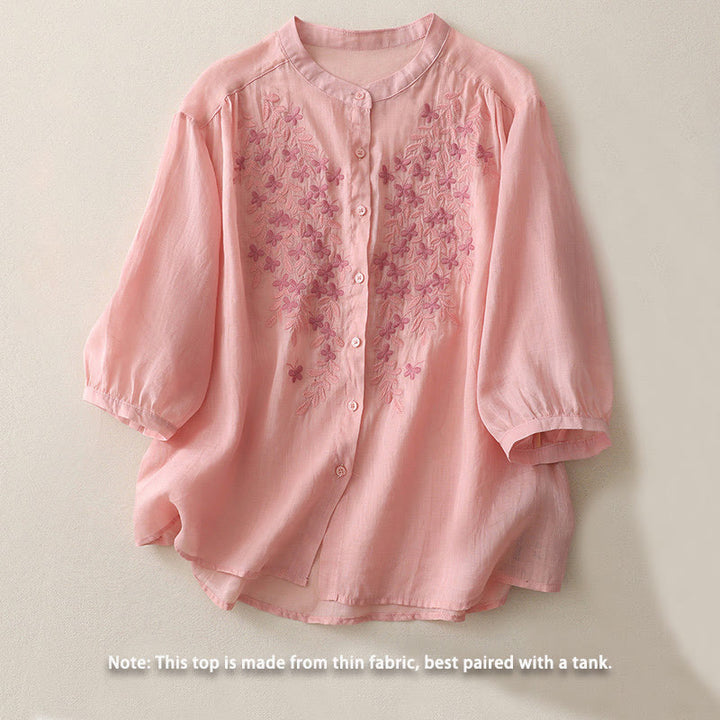 Chemise simple boutonnage en coton et lin pour femme, broderie de fleurs et de Buddha Stones - image 27