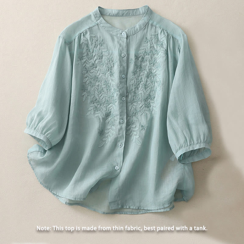 Chemise simple boutonnage en coton et lin pour femme, broderie de fleurs et de Buddha Stones - image 20