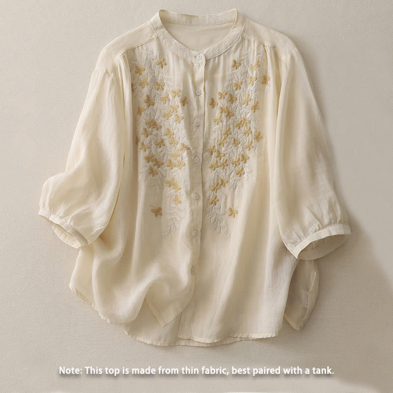 Chemise simple boutonnage en coton et lin pour femme, broderie de fleurs et de Buddha Stones - image 1