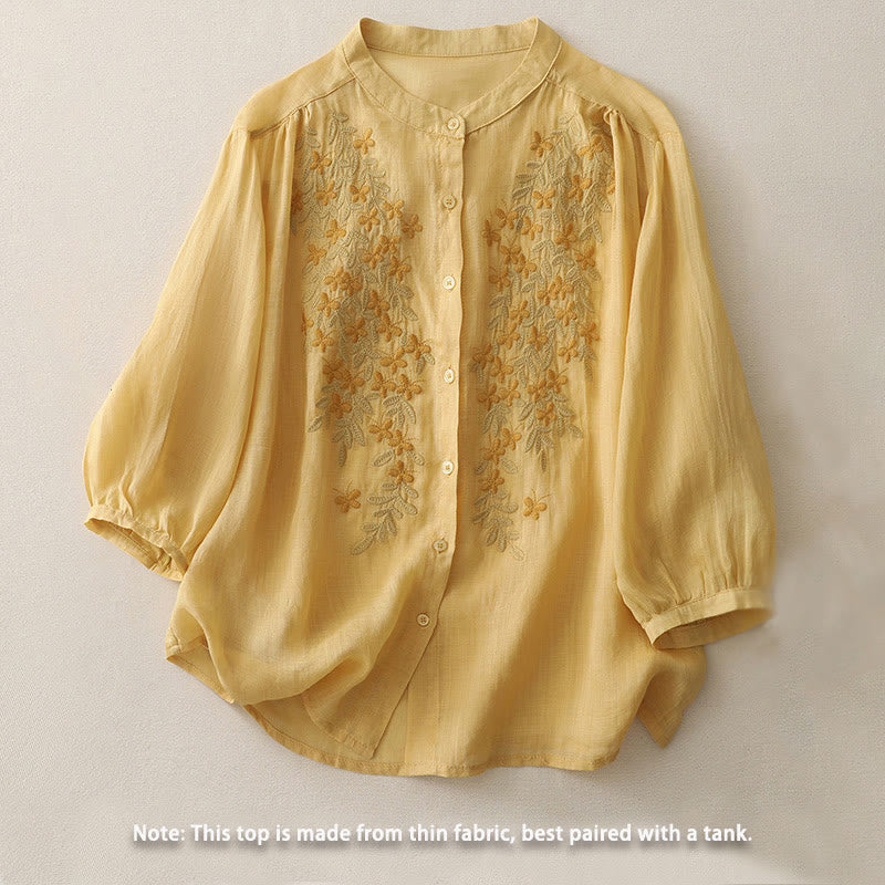 Chemise simple boutonnage en coton et lin pour femme, broderie de fleurs et de Buddha Stones - image 8
