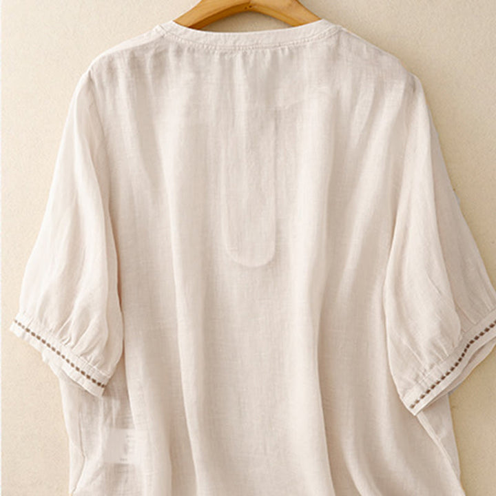 T-shirt à manches courtes en coton et lin pour femme, col ras du cou et plis, broderies de Buddha Stones - image 4