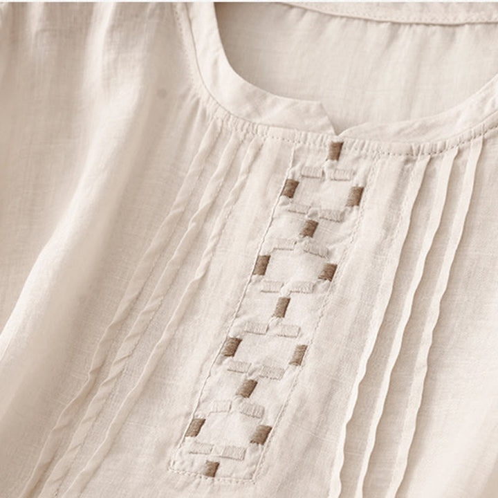 T-shirt à manches courtes en coton et lin pour femme, col ras du cou et plis, broderies de Buddha Stones - image 9