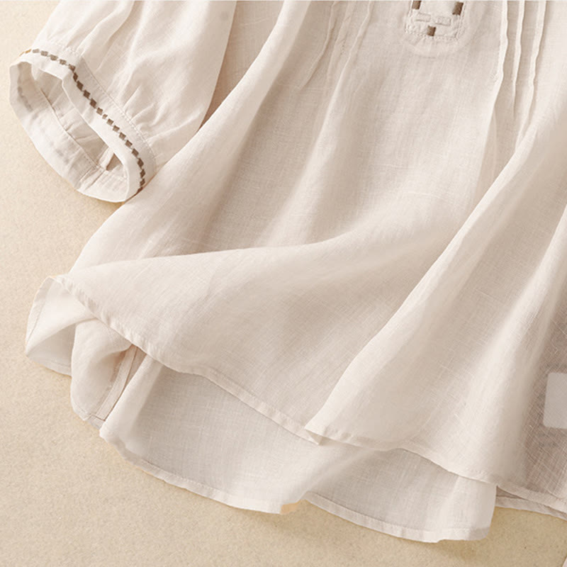 T-shirt à manches courtes en coton et lin pour femme, col ras du cou et plis, broderies de Buddha Stones - image 10