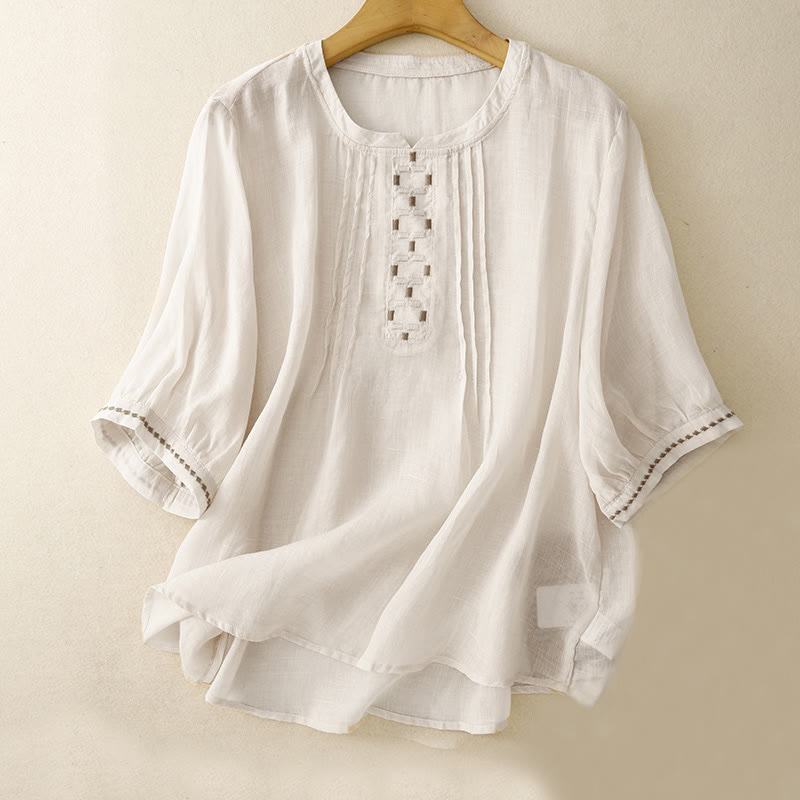 T-shirt à manches courtes en coton et lin pour femme, col ras du cou et plis, broderies de Buddha Stones - Beige - US14，UK/AU18，EU46 (2XL) - image 1