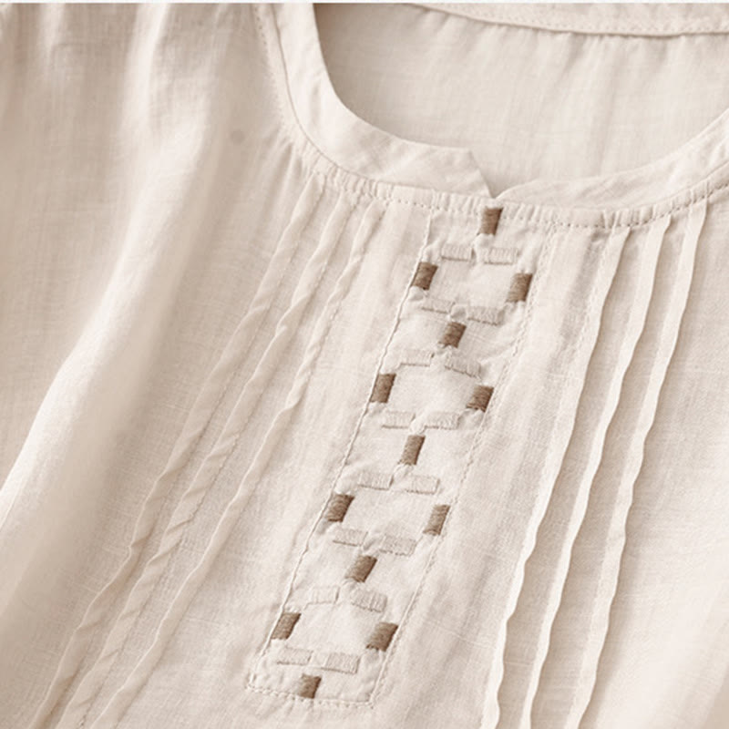 T-shirt à manches courtes en coton et lin pour femme, col ras du cou et plis, broderies de Buddha Stones - image 10