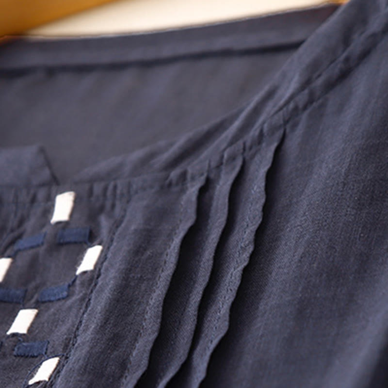 T-shirt à manches courtes en coton et lin pour femme, col ras du cou et plis, broderies de Buddha Stones - image 14