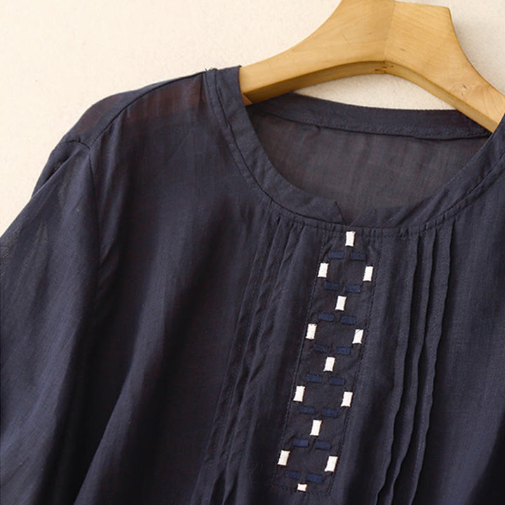 T-shirt à manches courtes en coton et lin pour femme, col ras du cou et plis, broderies de Buddha Stones - image 17