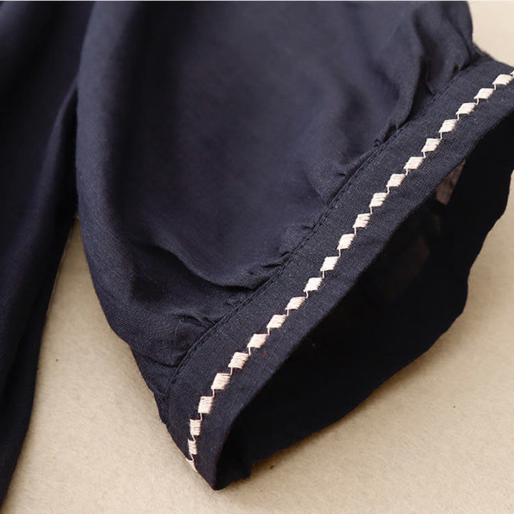 T-shirt à manches courtes en coton et lin pour femme, col ras du cou et plis, broderies de Buddha Stones - image 17