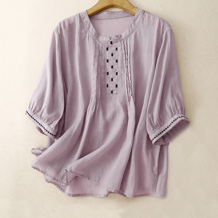 T-shirt à manches courtes en coton et lin pour femme, col ras du cou et plis, broderies de Buddha Stones - Prune - US14，UK/AU18，EU46 (2XL) - image 18