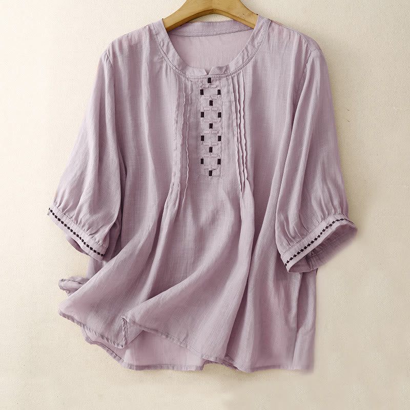 T-shirt à manches courtes en coton et lin pour femme, col ras du cou et plis, broderies de Buddha Stones - Prune - US14，UK/AU18，EU46 (2XL) - image 19