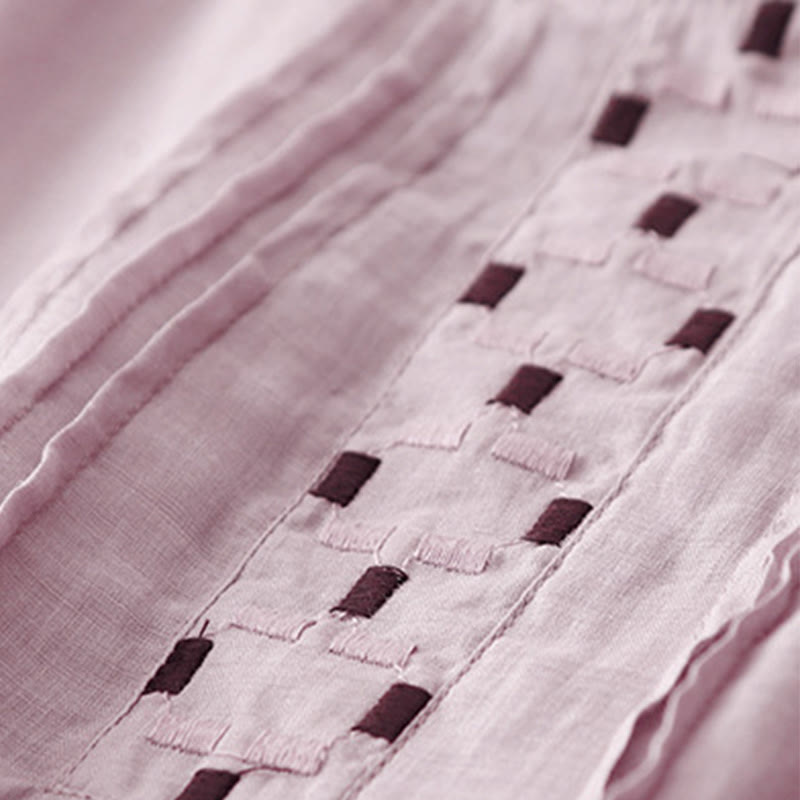 T-shirt à manches courtes en coton et lin pour femme, col ras du cou et plis, broderies de Buddha Stones - image 20