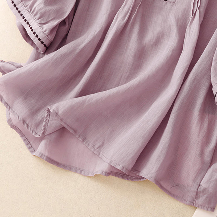 T-shirt à manches courtes en coton et lin pour femme, col ras du cou et plis, broderies de Buddha Stones - image 23