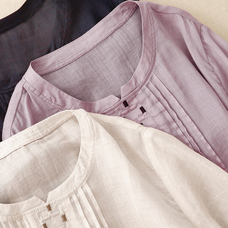 T-shirt à manches courtes en coton et lin pour femme, col ras du cou et plis, broderies de Buddha Stones - image 26