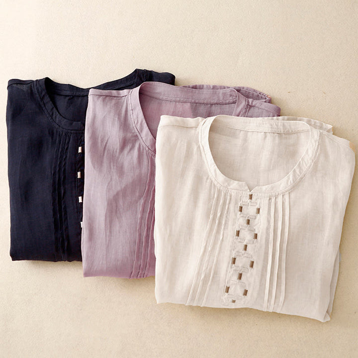 T-shirt à manches courtes en coton et lin pour femme, col ras du cou et plis, broderies de Buddha Stones - image 25