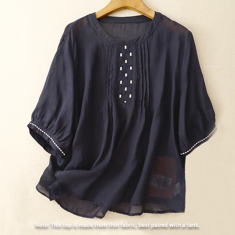 T-shirt à manches courtes en coton et lin pour femme, col ras du cou et plis, broderies de Buddha Stones - image 13