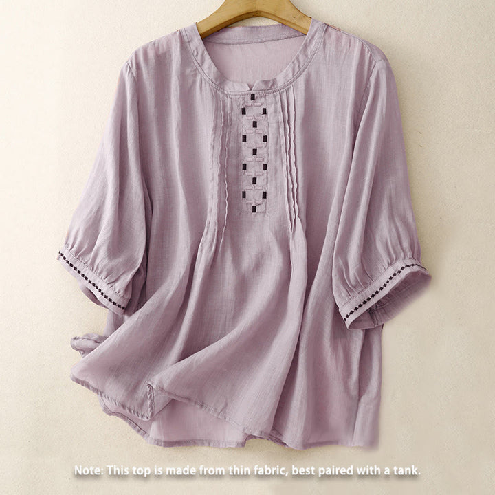 T-shirt à manches courtes en coton et lin pour femme, col ras du cou et plis, broderies de Buddha Stones - image 20
