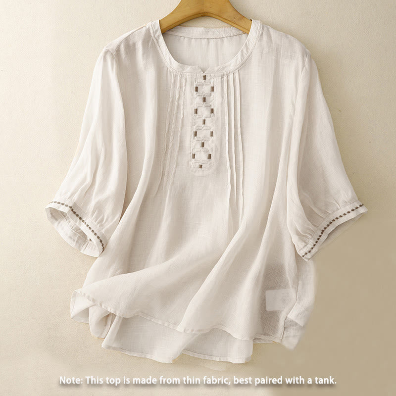 T-shirt à manches courtes en coton et lin pour femme, col ras du cou et plis, broderies de Buddha Stones - image 1