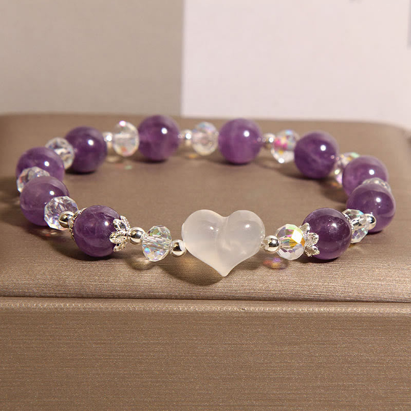 Bracelet d'équilibre en agate blanche et améthyste cœur Buddha Stones - Améthyste (tour de poignet : 18 cm) - image 1