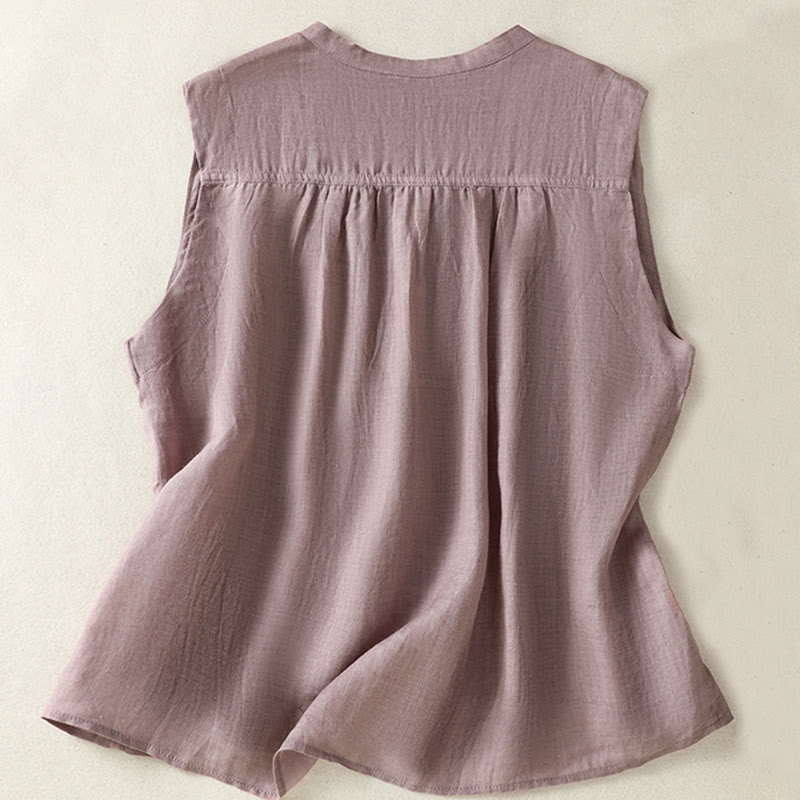 Chemise décontractée sans manches plissée en coton et lin pour femme, motif Buddha Stones - image 1