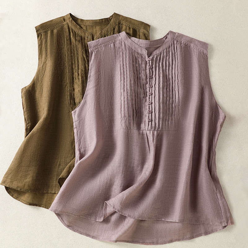Chemise décontractée sans manches plissée en coton et lin pour femme, motif Buddha Stones - image 18