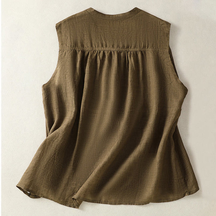 Chemise décontractée sans manches plissée en coton et lin pour femme, motif Buddha Stones - image 10