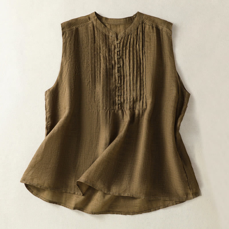 Chemise décontractée sans manches plissée en coton et lin pour femme, motif Buddha Stones - Olive - US14，UK/AU18，EU46 (2XL) - image 9