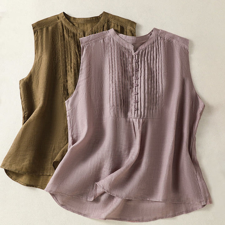 Chemise décontractée sans manches plissée en coton et lin pour femme, motif Buddha Stones - image 18