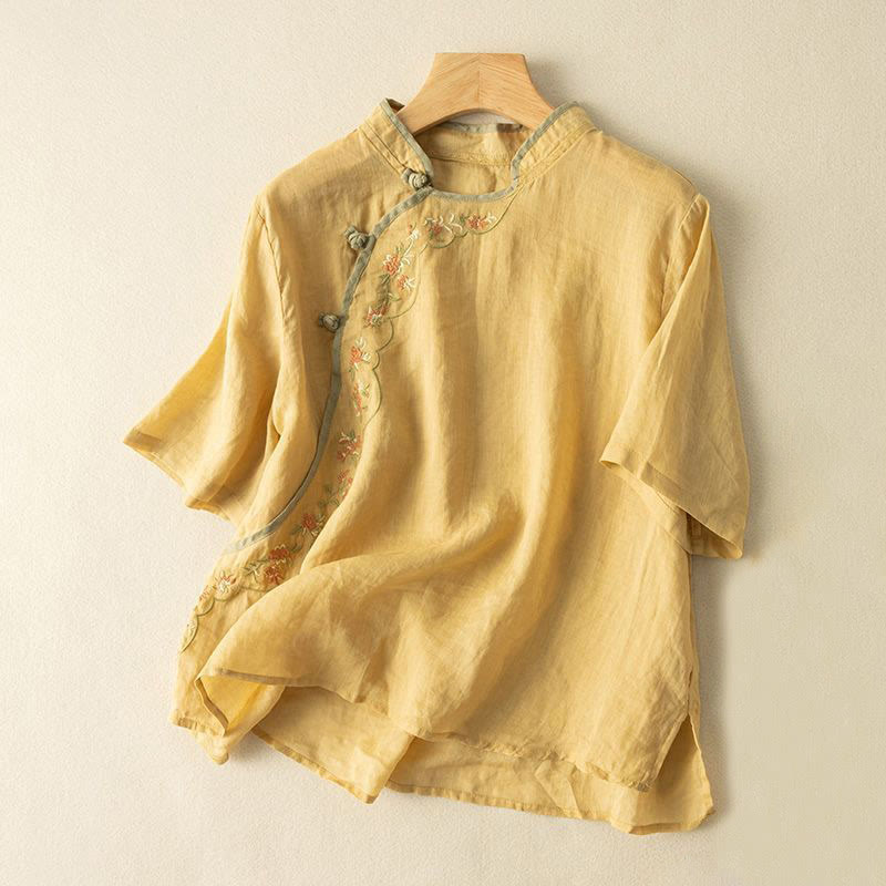 Chemise décontractée en coton et lin pour femme, col incliné, broderie, boutons grenouille, motif Buddha Stones - Or - US16，UK/AU20，EU48 (3XL) - image 0