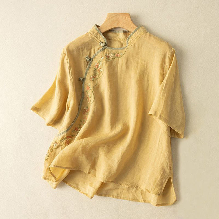 Chemise décontractée en coton et lin pour femme, col incliné, broderie, boutons grenouille, motif Buddha Stones - Or - US16，UK/AU20，EU48 (3XL) - image 0