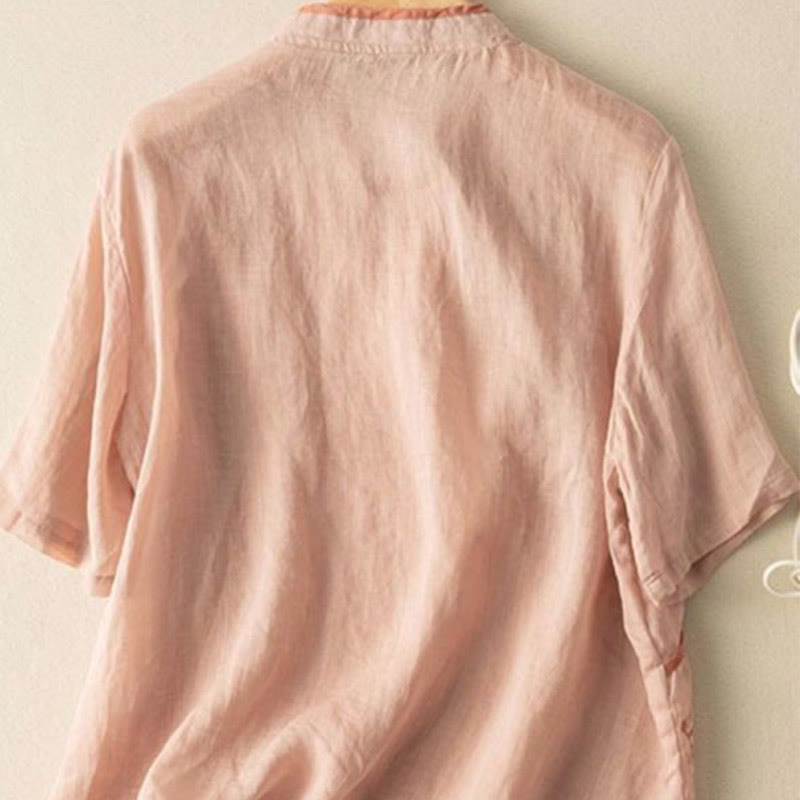 Chemise décontractée en coton et lin pour femme, col incliné, broderie, boutons grenouille, motif Buddha Stones - image 7