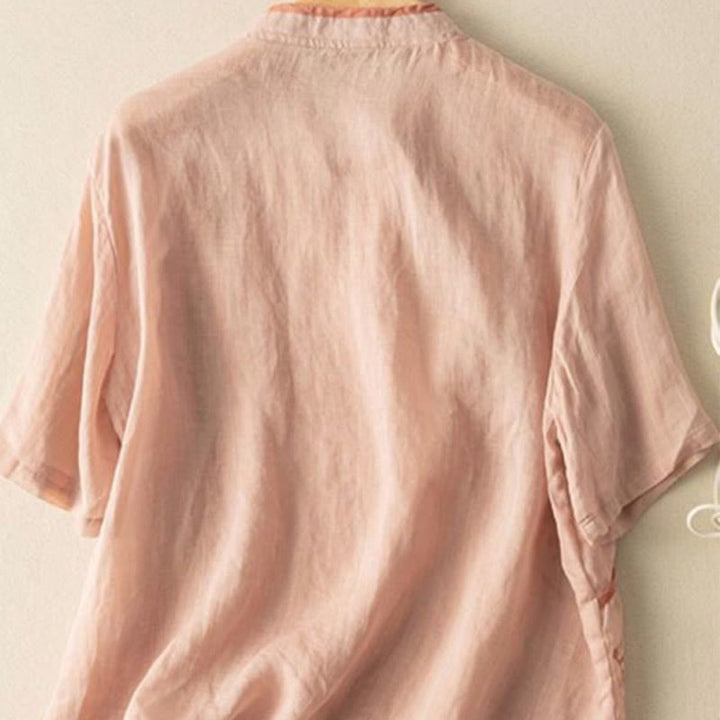 Chemise décontractée en coton et lin pour femme, col incliné, broderie, boutons grenouille, motif Buddha Stones - image 7
