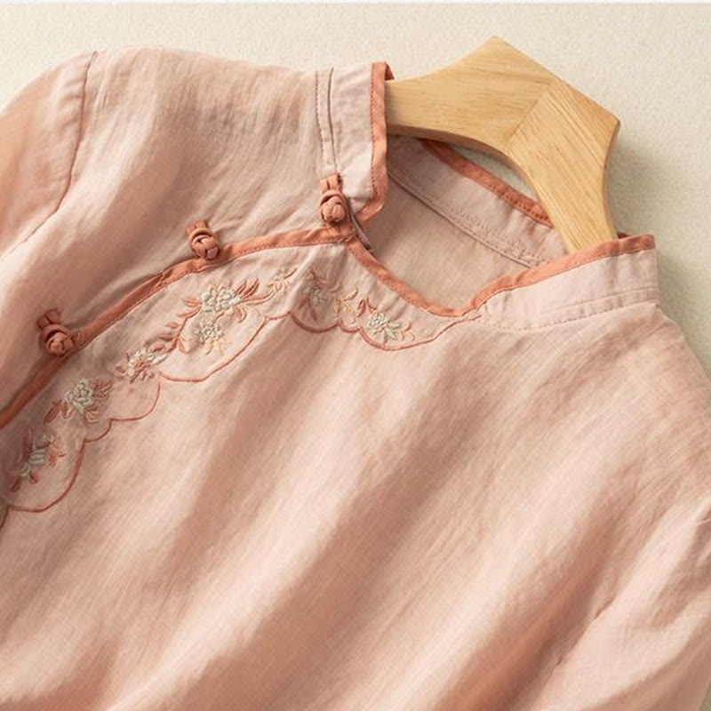 Chemise décontractée en coton et lin pour femme, col incliné, broderie, boutons grenouille, motif Buddha Stones - image 5