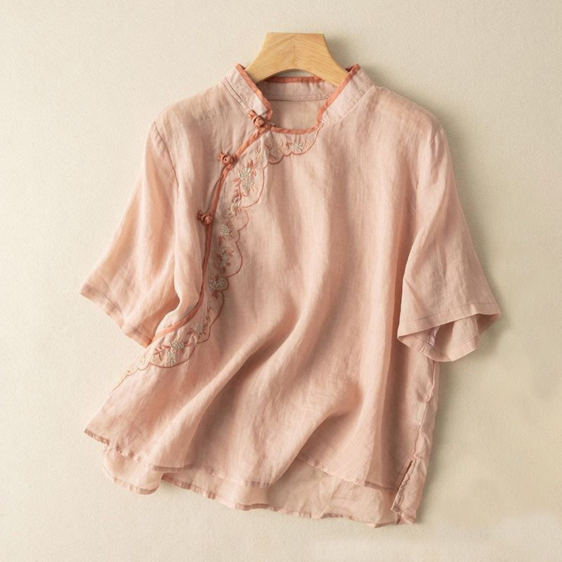Chemise décontractée en coton et lin pour femme, col incliné, broderie, boutons grenouille, motif Buddha Stones - Saumon clair - US16，UK/AU20，EU48 (3XL) - image 2