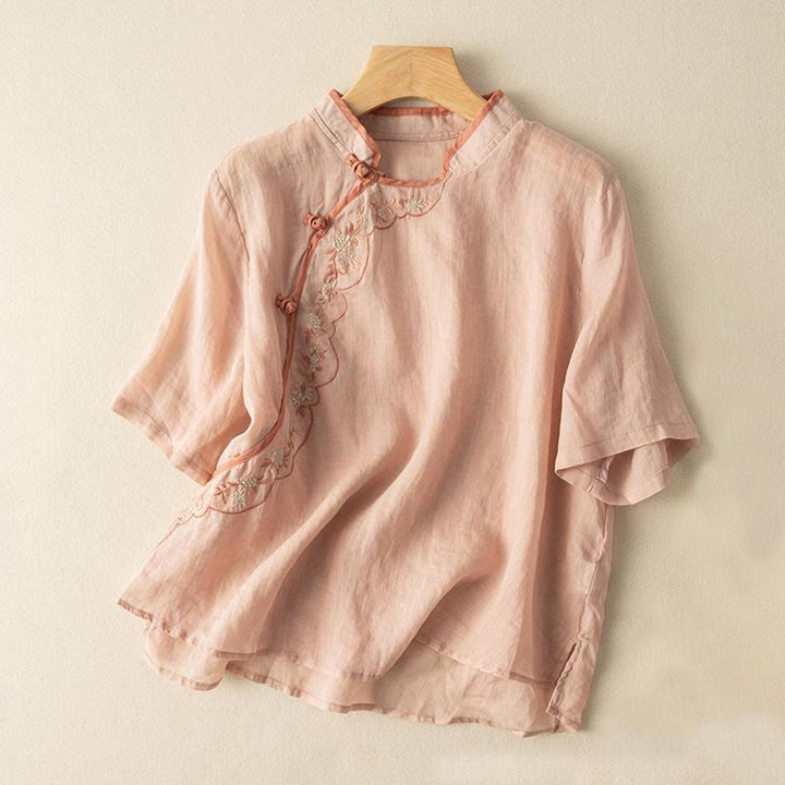 Chemise décontractée en coton et lin pour femme, col incliné, broderie, boutons grenouille, motif Buddha Stones - Saumon clair - US16，UK/AU20，EU48 (3XL) - image 2