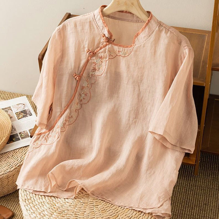 Chemise décontractée en coton et lin pour femme, col incliné, broderie, boutons grenouille, motif Buddha Stones - image 4