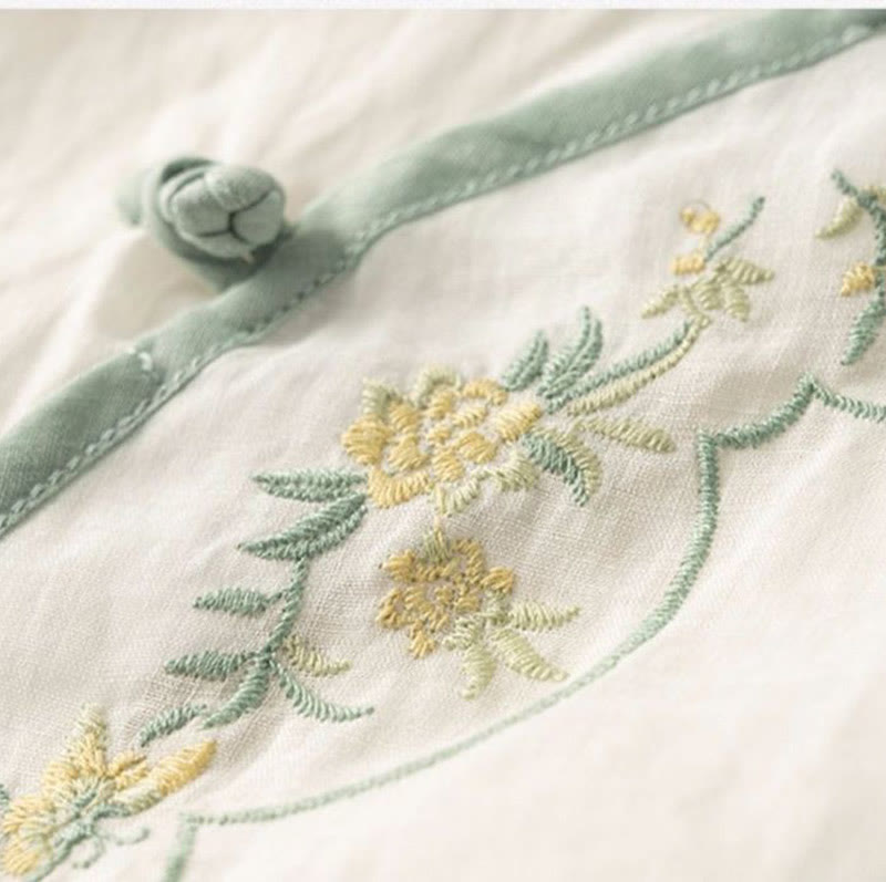 Chemise décontractée en coton et lin pour femme, col incliné, broderie, boutons grenouille, motif Buddha Stones - image 12