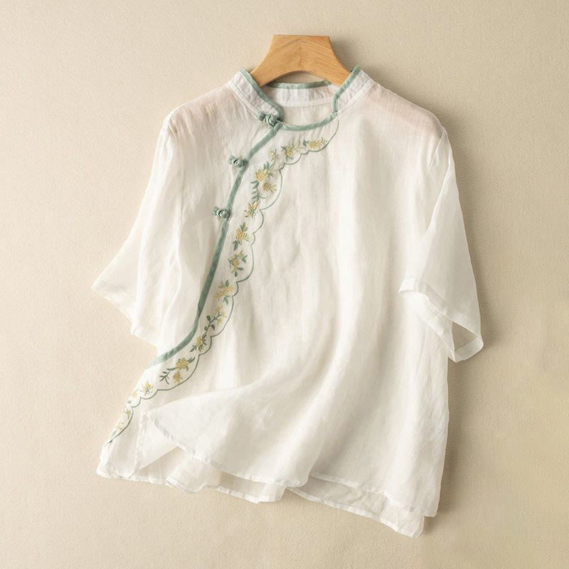 Chemise décontractée en coton et lin pour femme, col incliné, broderie, boutons grenouille, motif Buddha Stones - Blanc - US16，UK/AU20，EU48 (3XL) - image 10