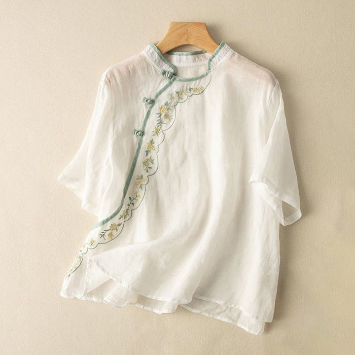Chemise décontractée en coton et lin pour femme, col incliné, broderie, boutons grenouille, motif Buddha Stones - Blanc - US16，UK/AU20，EU48 (3XL) - image 10